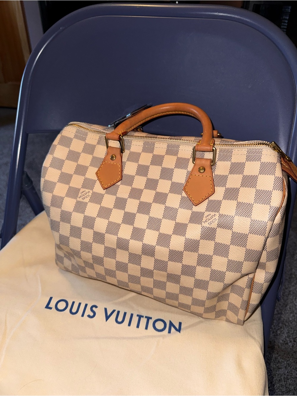 Louis Vuitton Damier Azur Speedy 30 Satchel in Cream and Tan with Gold Hardware - Picture 2 of 10